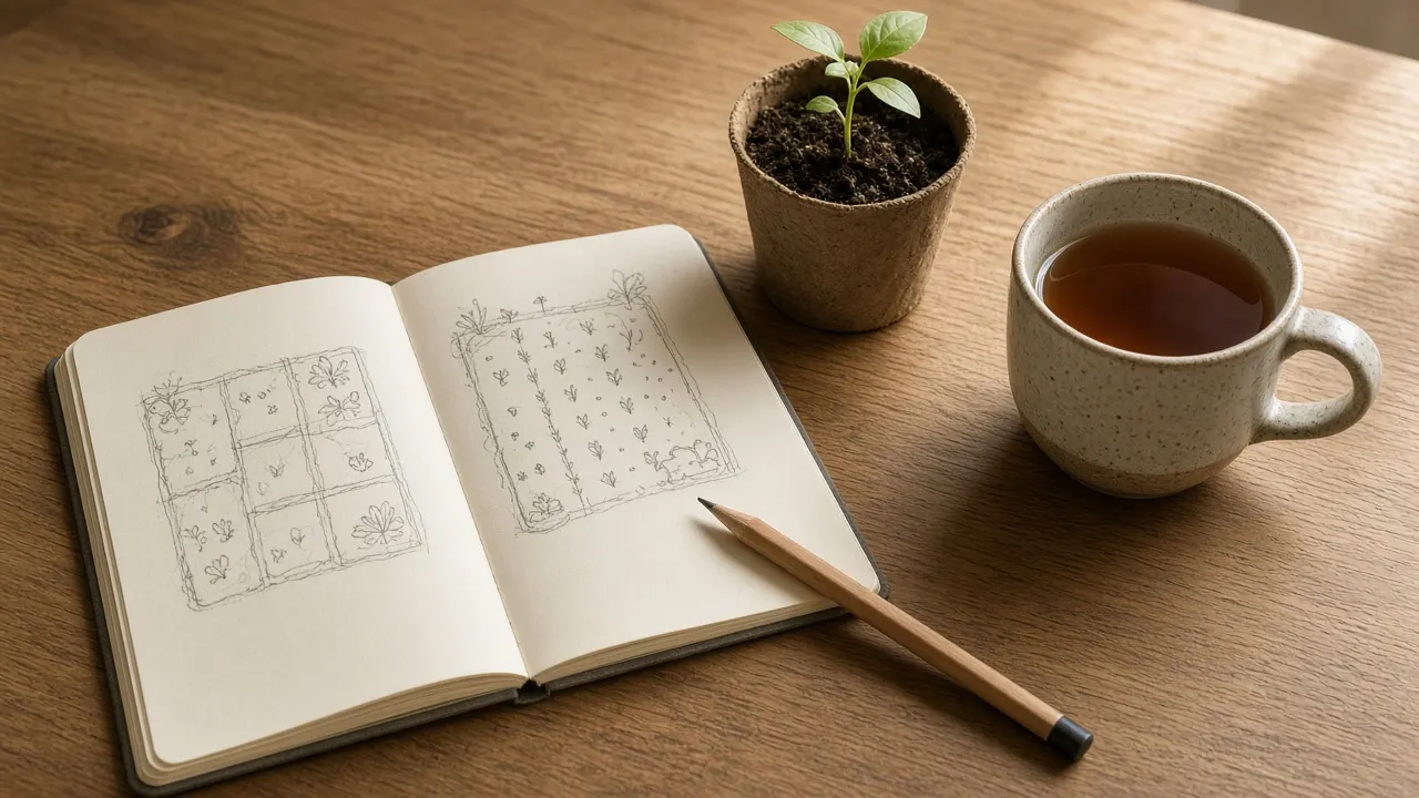 A notebook with hand-drawn garden plans, a small seedling in a paper pot and a cup of tea on a wooden table