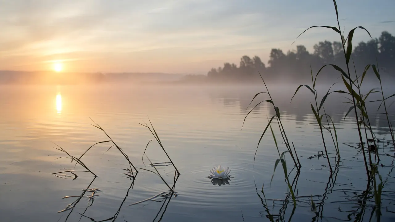 A calm misty lake at sunrise with reeds in the foreground and a single white flower floating on the water
