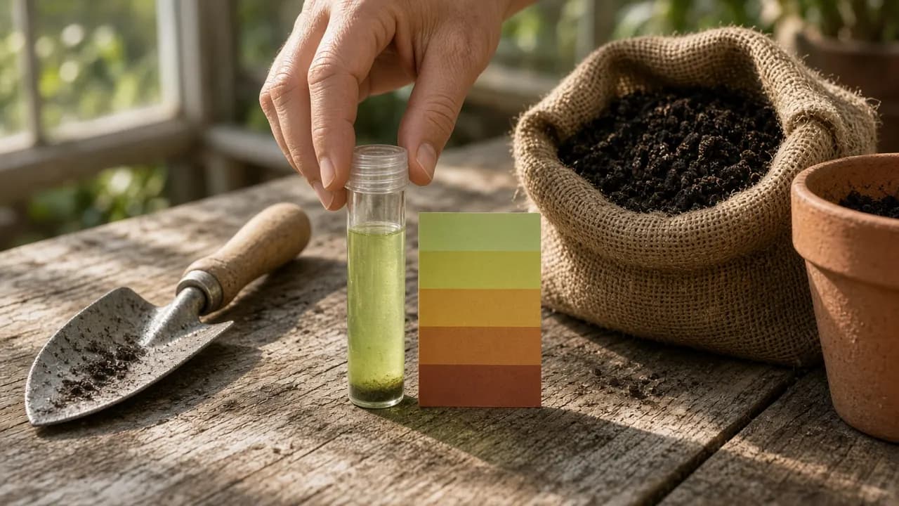 A simple garden soil pH test kit with a small vial and color chart resting on a potting bench beside a bag of compost and a trowel