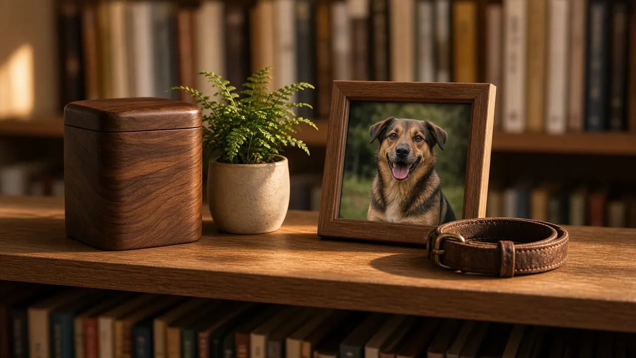 A simple walnut pet urn on a sunlit bookshelf beside a small potted fern, a framed photo of a smiling dog and a well-loved leather collar