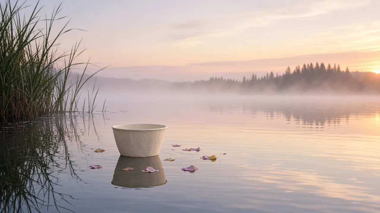 A pale paper water urn floating on a calm lake at sunrise with reeds and a few scattered wildflower petals nearby