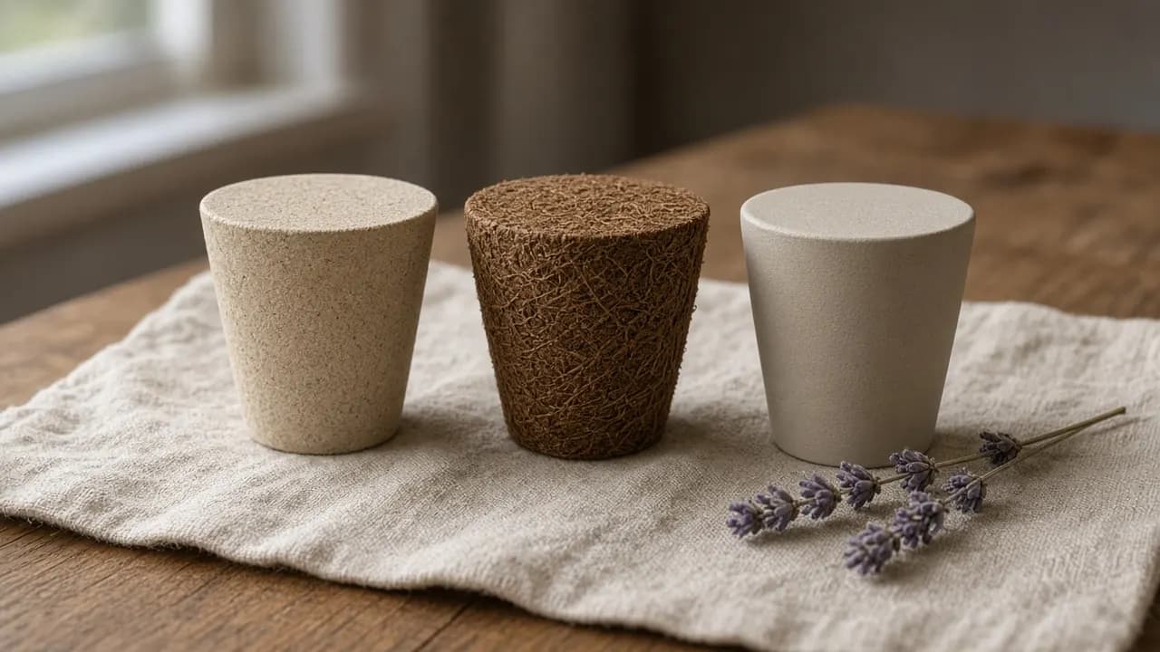 Three plain biodegradable urns in natural paper, woven coir and pale unfired clay arranged on a linen cloth on a wooden table in soft morning light