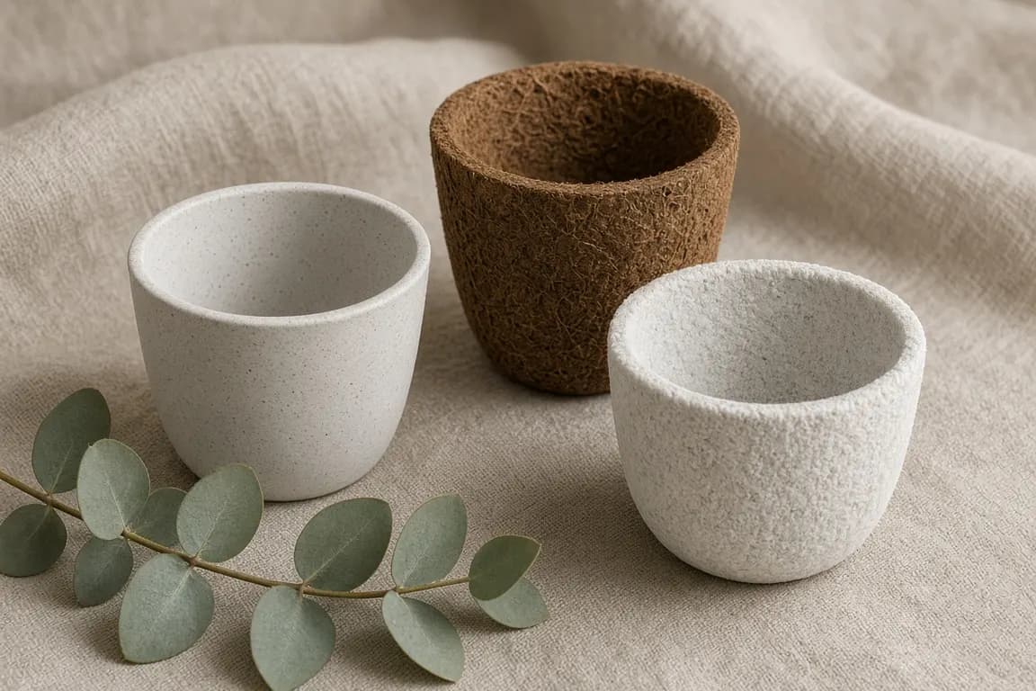 Three plain biodegradable urns in recycled paper, coconut fiber and pale salt resting on a linen cloth beside a sprig of eucalyptus