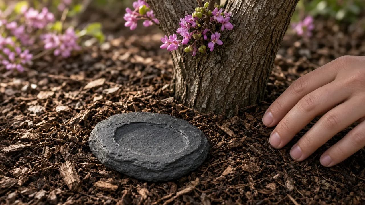 A small flat engraved slate stone resting in mulch at the base of a young redbud tree