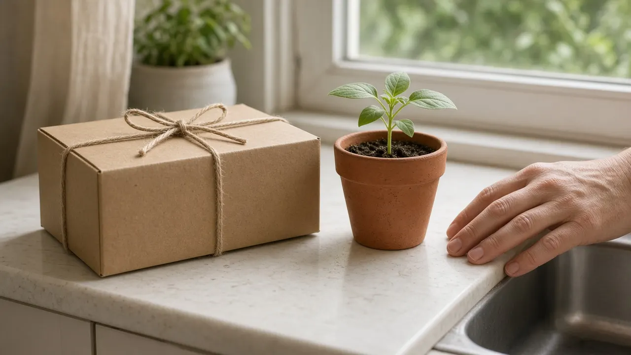 A plain cardboard ashes box tied with twine beside a small potted seedling on a kitchen windowsill