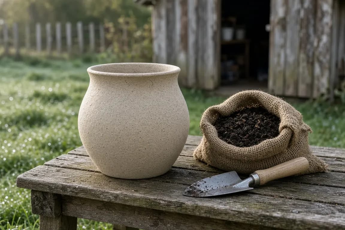 A plain undyed paper urn resting on a wooden garden bench beside a trowel and a bag of compost in soft morning light