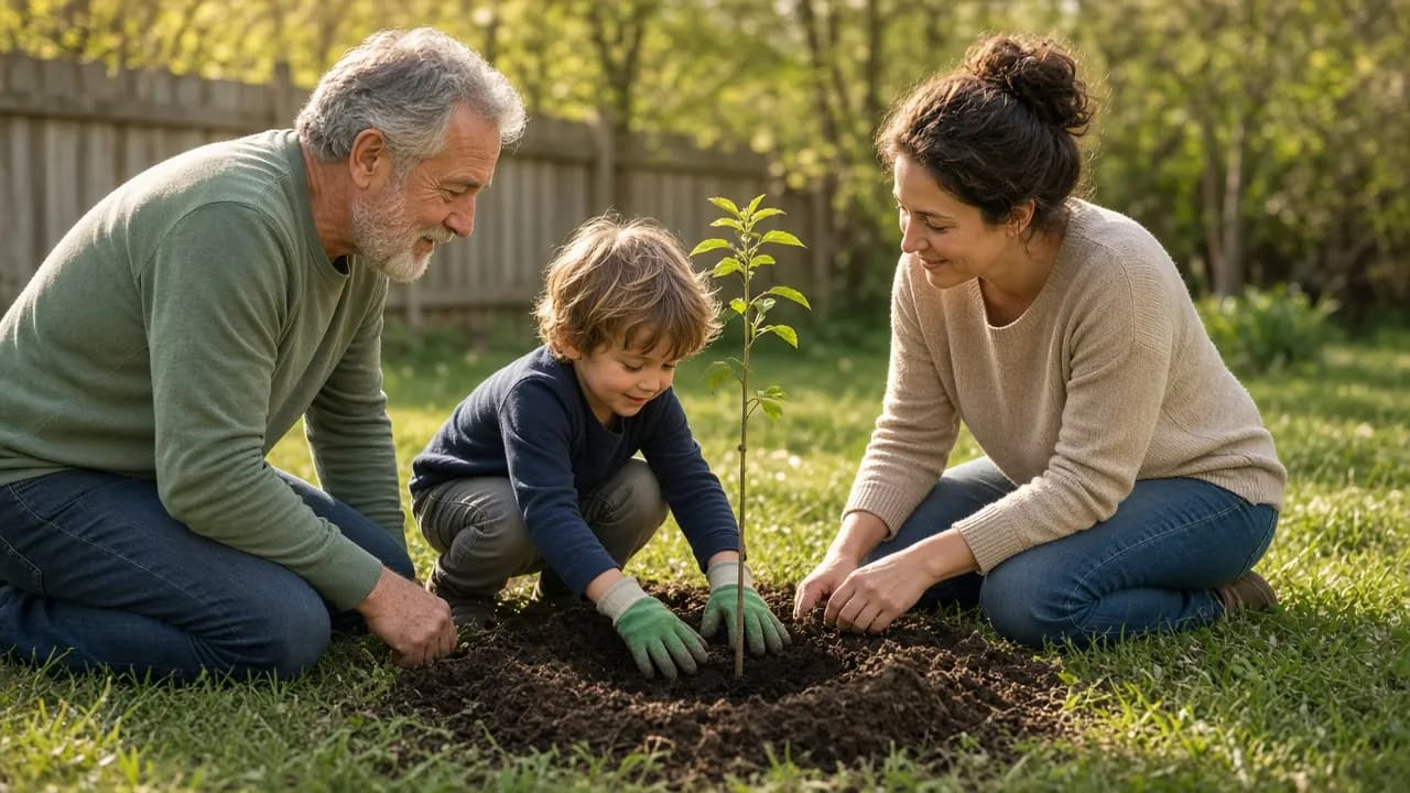 A family of three kneeling around a newly planted young tree in a backyard, one child pressing soil with small gloved hands