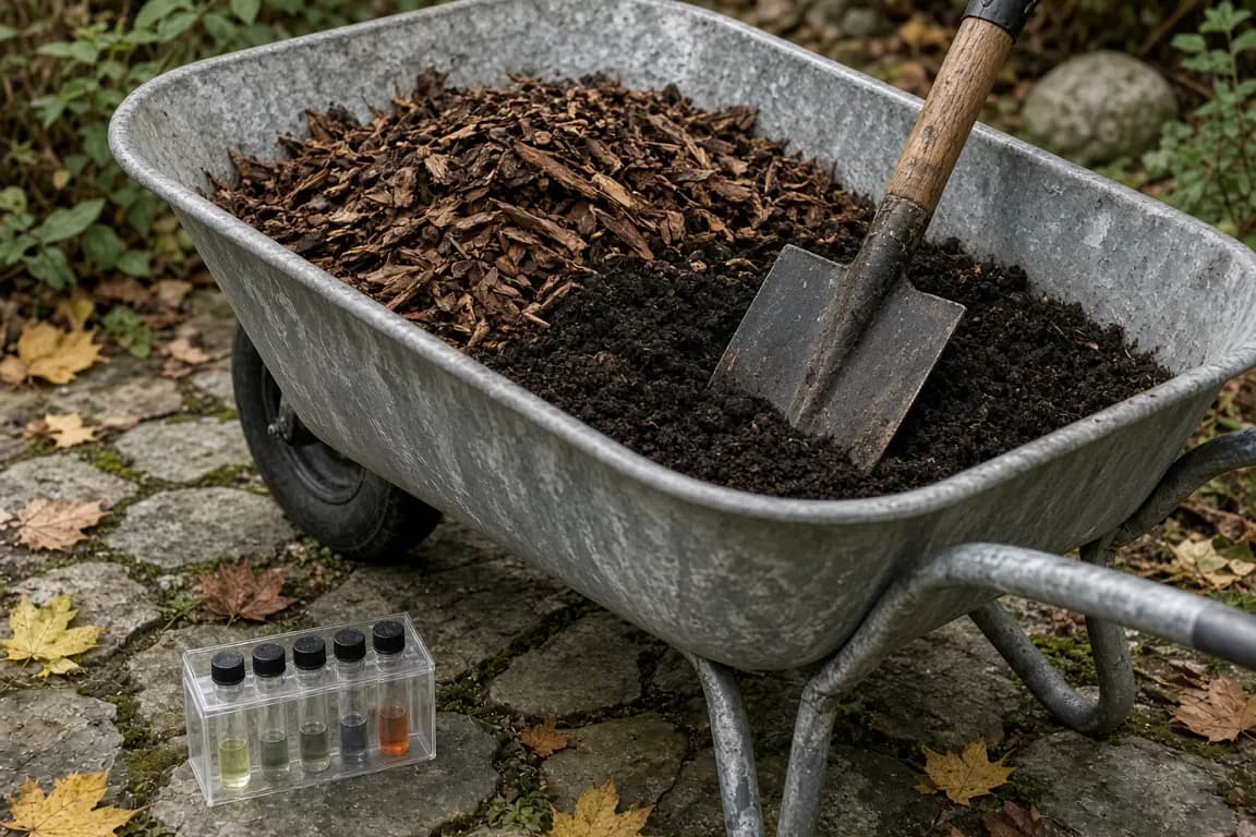 A wheelbarrow of dark crumbly compost and pine bark mulch beside a garden spade and a small pH test kit on a stone path