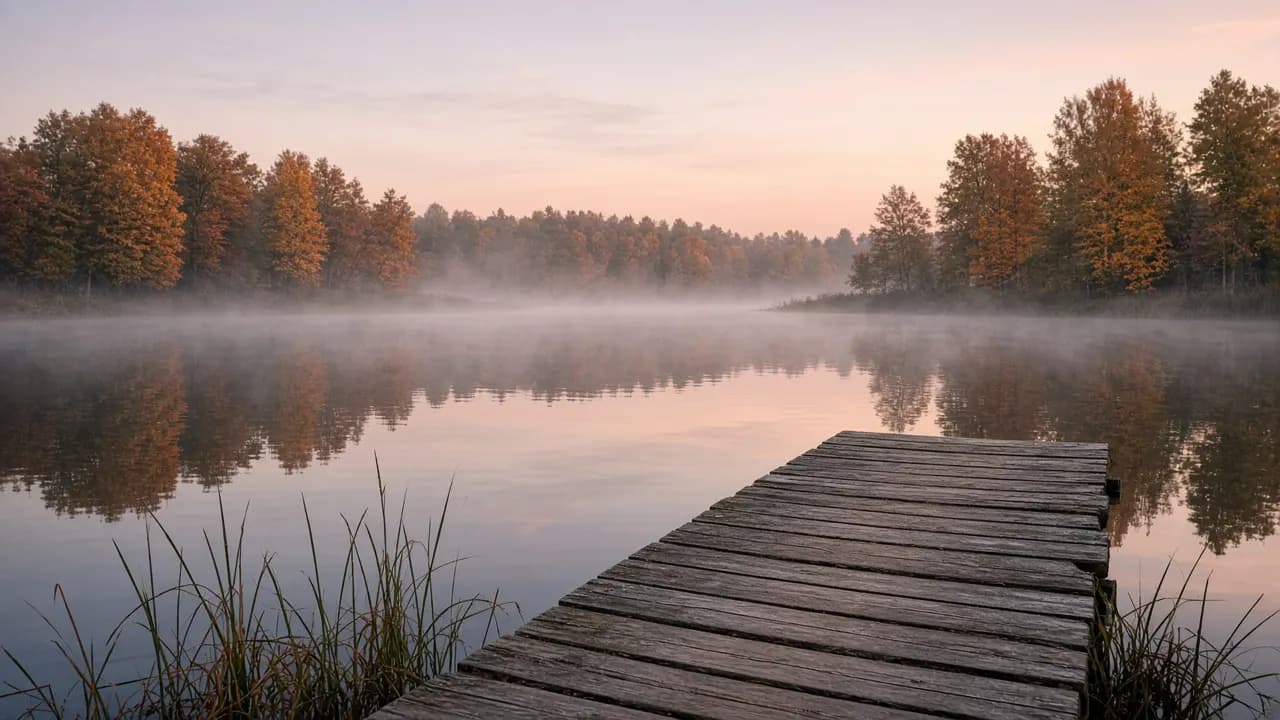 A calm lake at dawn with mist over the water and a wooden jetty, reeds and autumn trees along the far shore