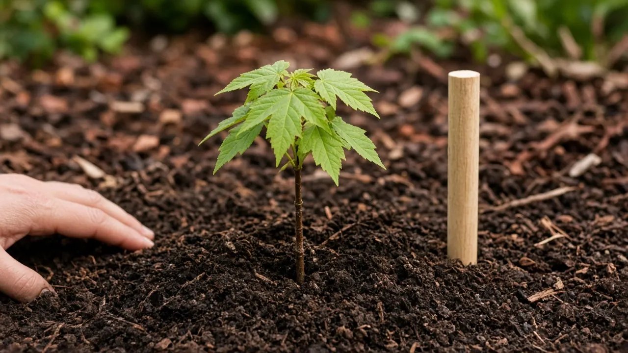 A young maple sapling freshly planted in dark compost-rich soil with a small wooden marker beside it
