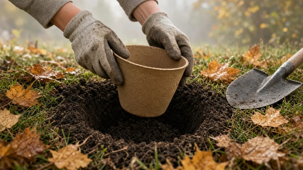 Two hands lowering a plain fiber tree urn into a freshly dug hole lined with dark compost on a misty autumn morning