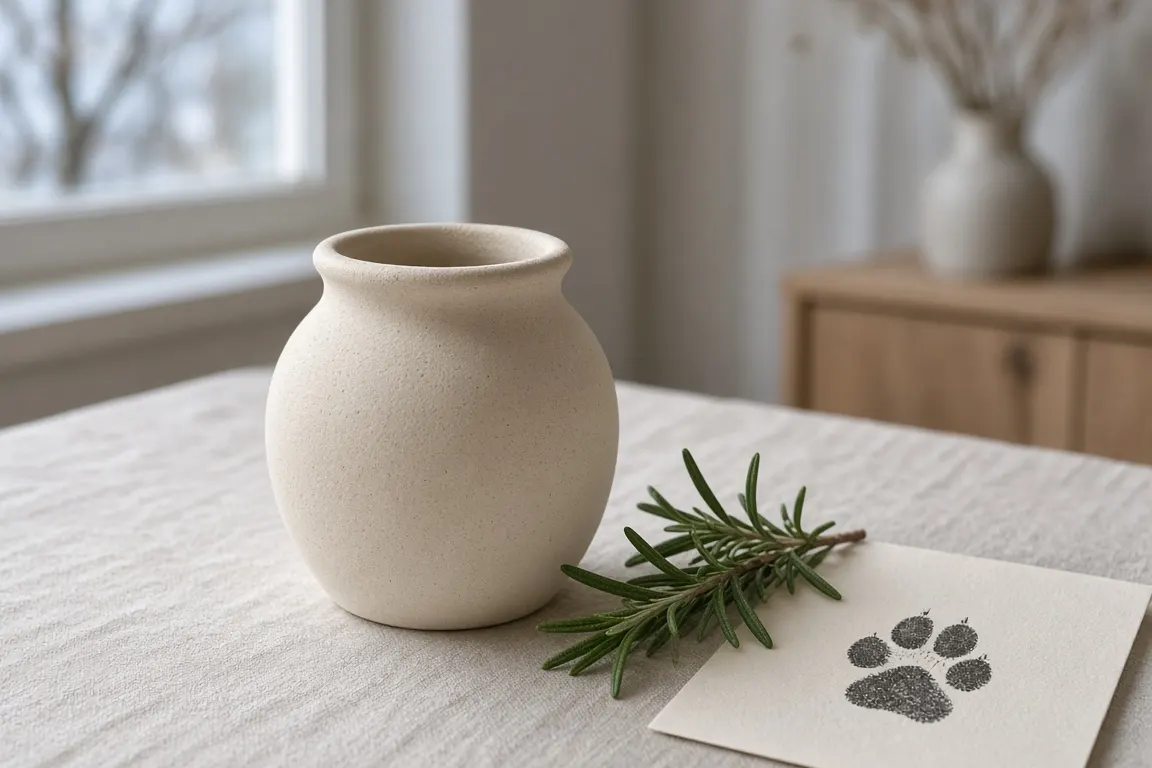 A small cream-colored ceramic urn on a pale linen cloth beside a sprig of rosemary and a folded paw-print card, lit by soft window light