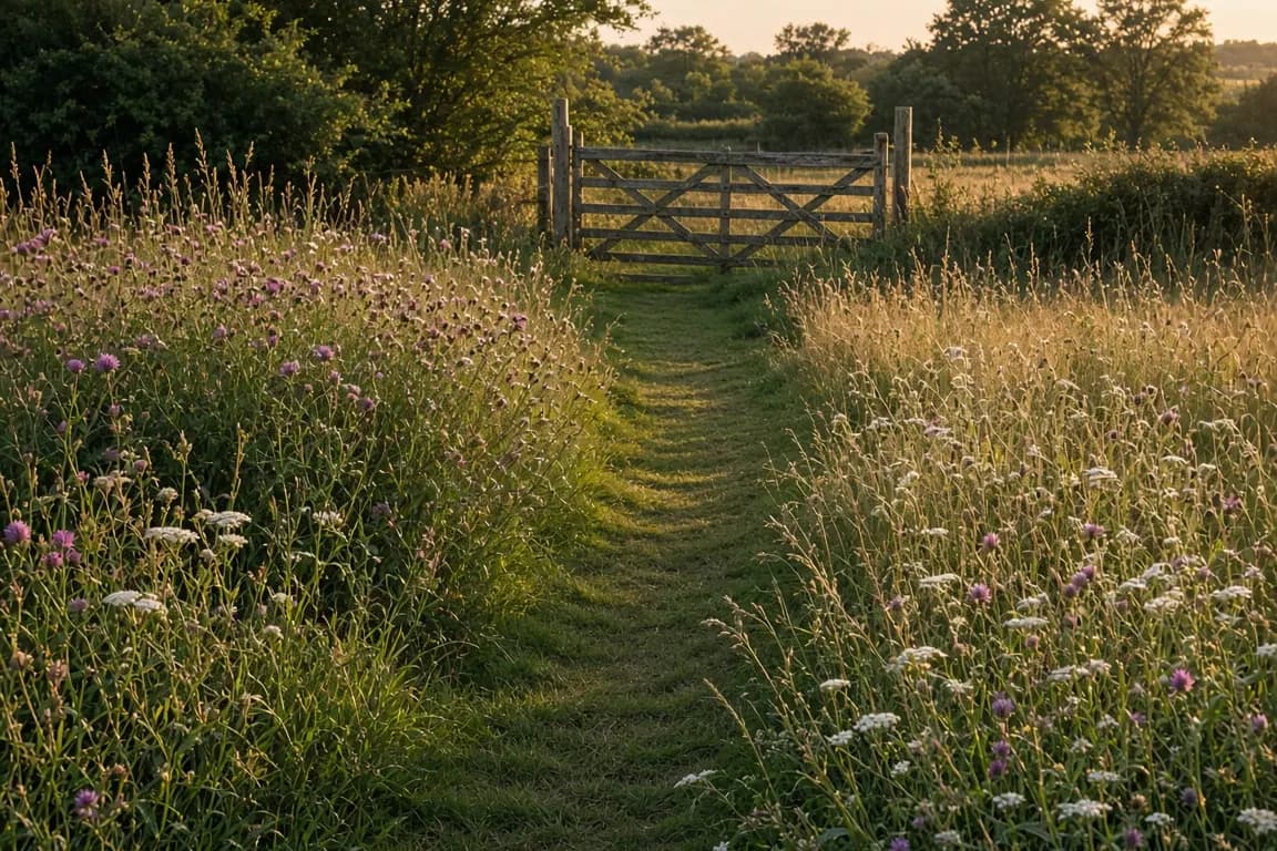 A narrow mown path through a late-summer wildflower meadow toward an old wooden field gate, with low golden sun
