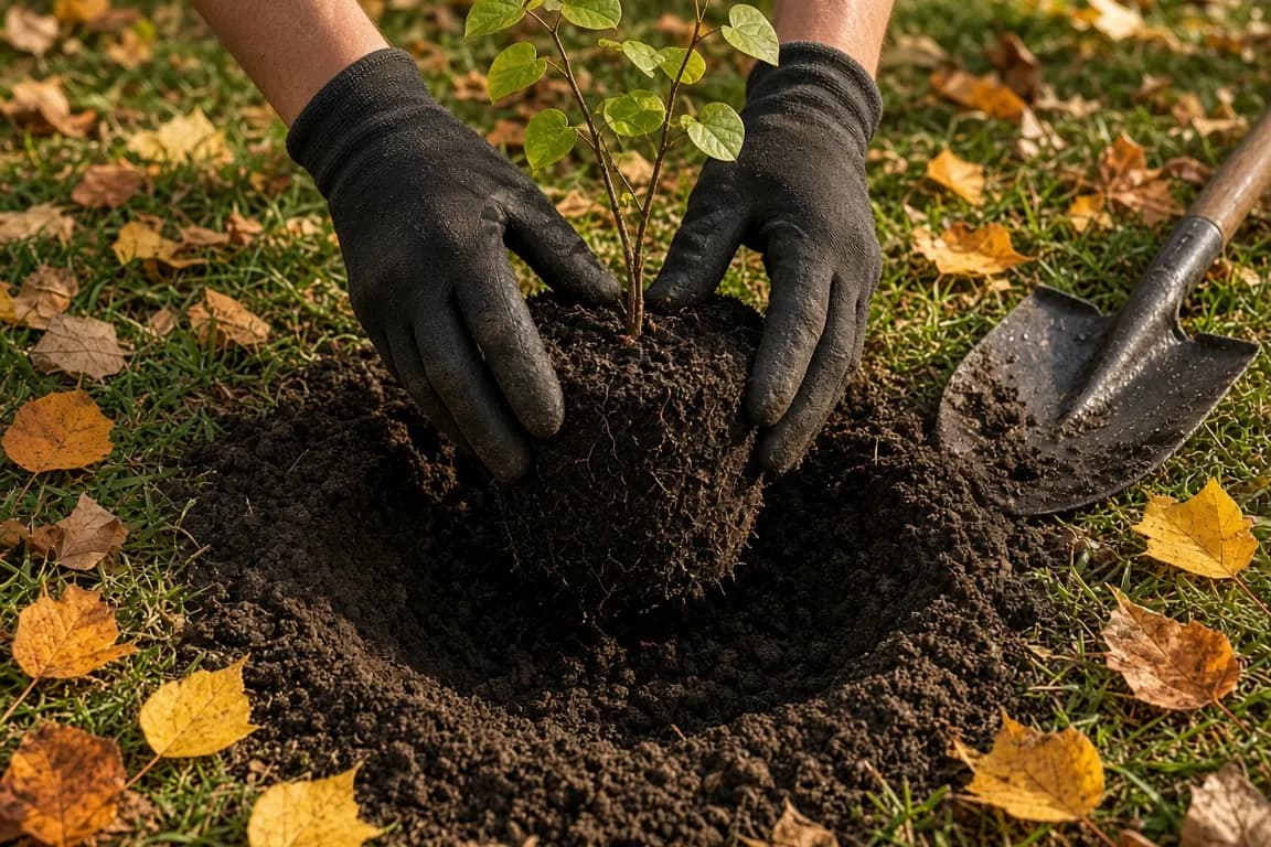 Hands in gardening gloves lowering a young redbud sapling into a wide planting hole on a crisp autumn morning, fallen leaves around