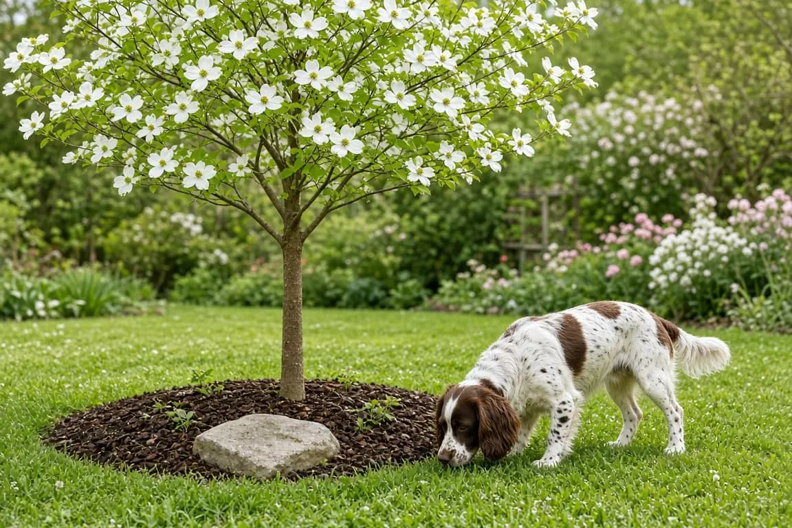 A young flowering dogwood in its first spring, with a ring of bark mulch and a small slate marker, a spaniel sniffing the grass nearby