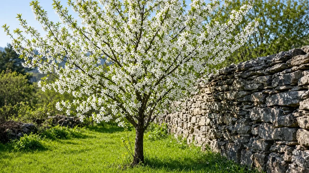 A young serviceberry tree in white spring blossom beside a stone wall in a cool northern garden