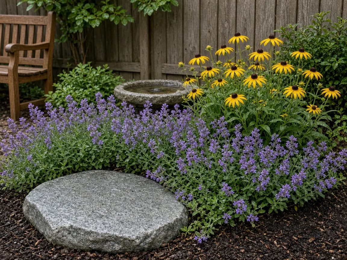 A small curved garden bed with purple catmint, yellow coneflowers and a flat engraved stone beside a wooden bench