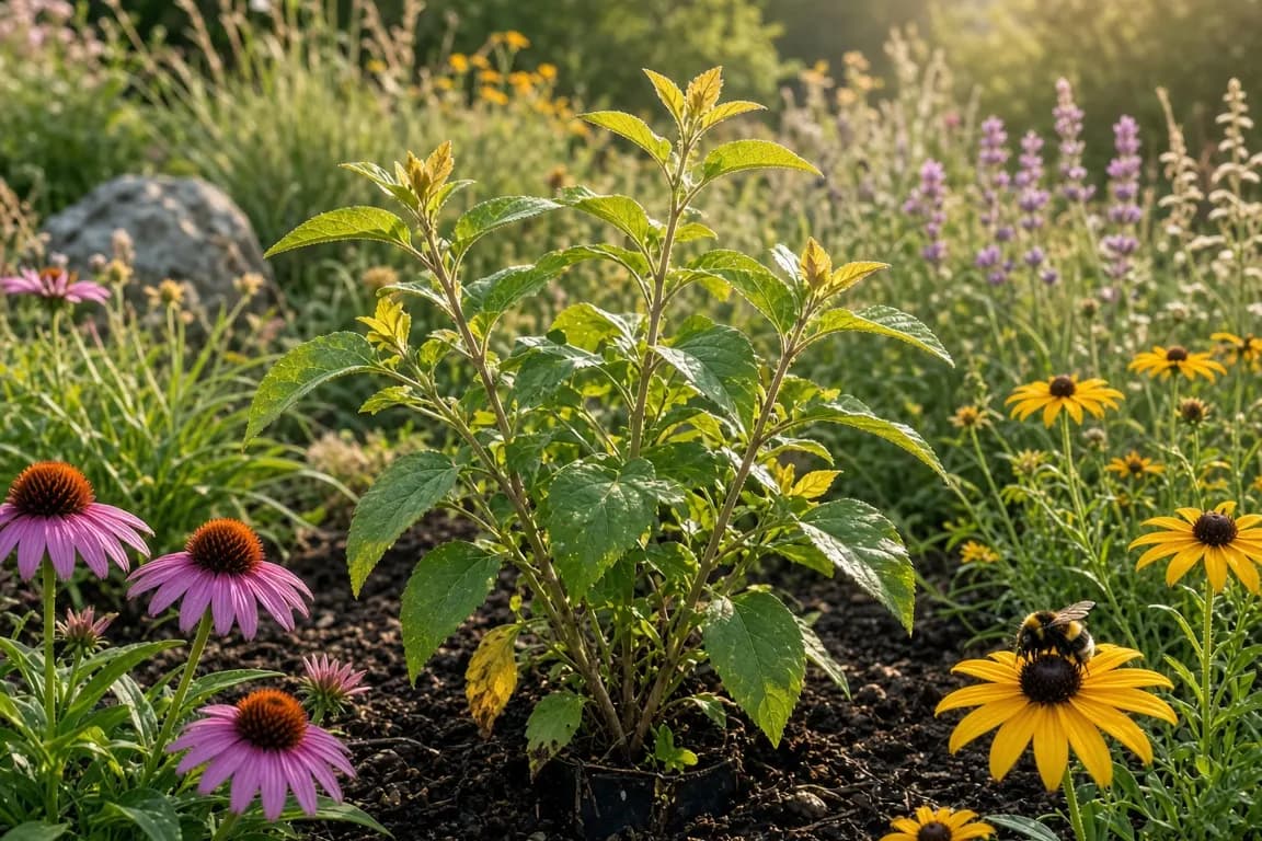 A young serviceberry shrub newly planted at the edge of a meadow garden with purple coneflowers and a bee in late summer light