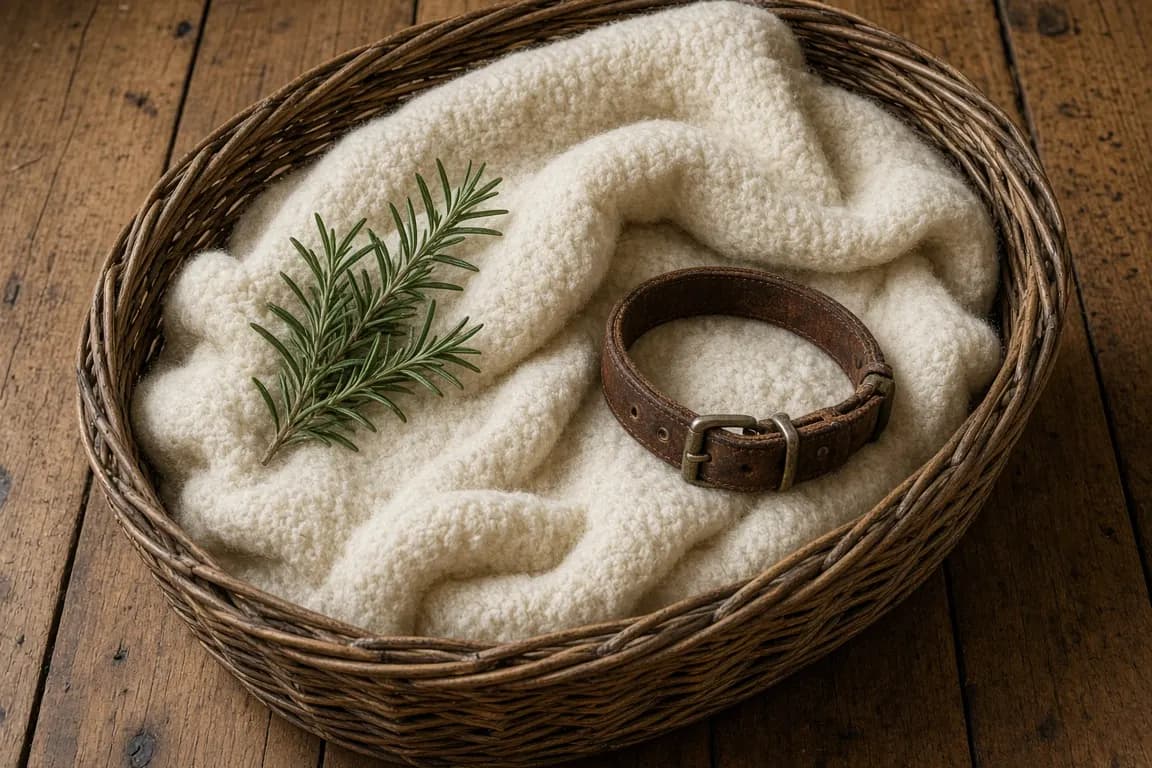 A folded undyed wool blanket, a sprig of rosemary and a leather collar resting in a woven willow basket on a wooden floor