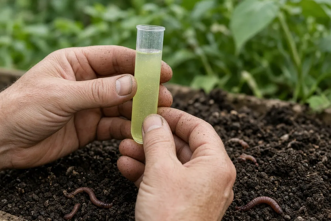 A gardener's hands holding a small soil test kit over a raised bed of dark compost