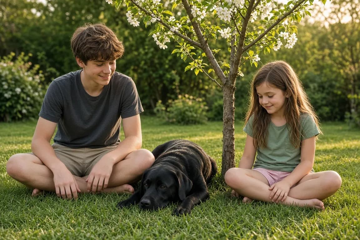 Two siblings sitting on the grass beside a young flowering tree in early summer, a family dog lying between them