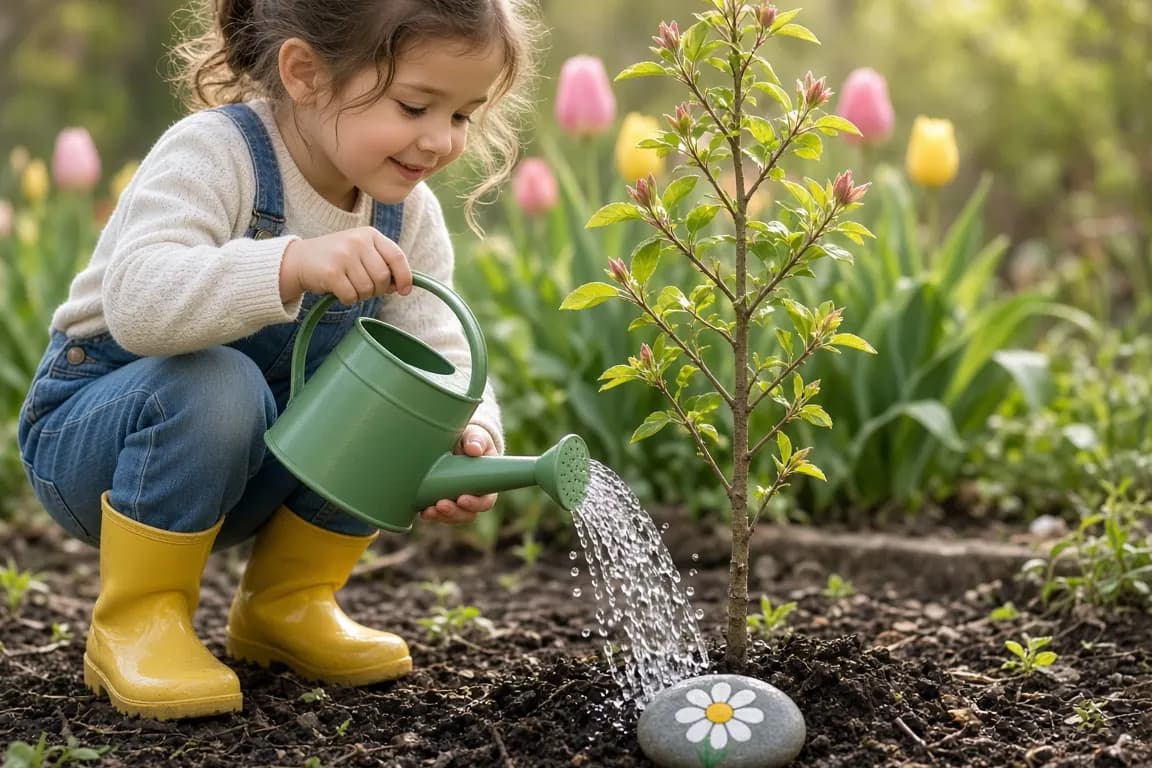 A young girl in rain boots watering a newly planted crabapple sapling in a back garden in spring, with a painted pebble at its base