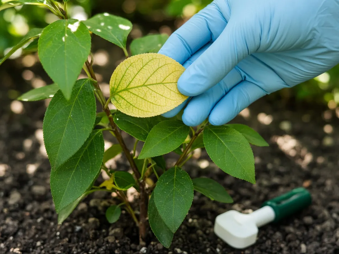 Close view of a young shrub leaf turning pale yellow between green veins, held gently in a gardener's gloved hand