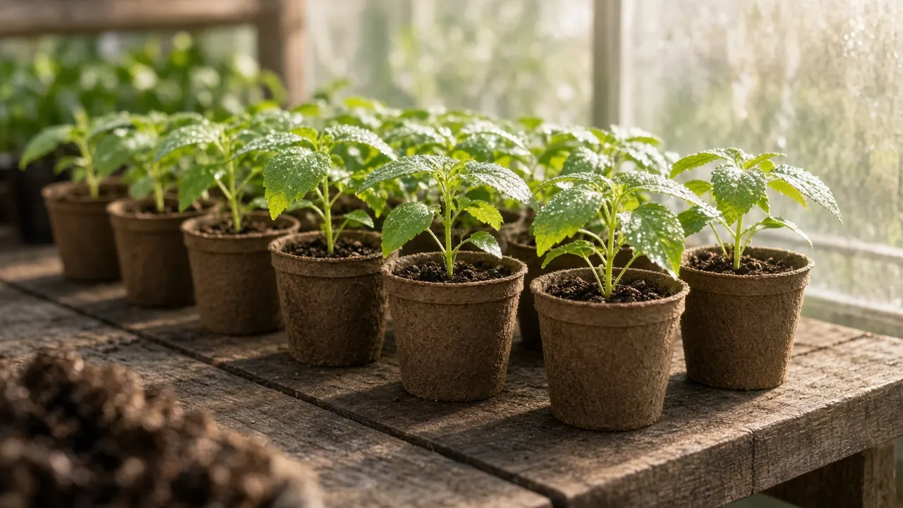 A row of young tree seedlings in biodegradable paper pots on a potting bench in soft morning light