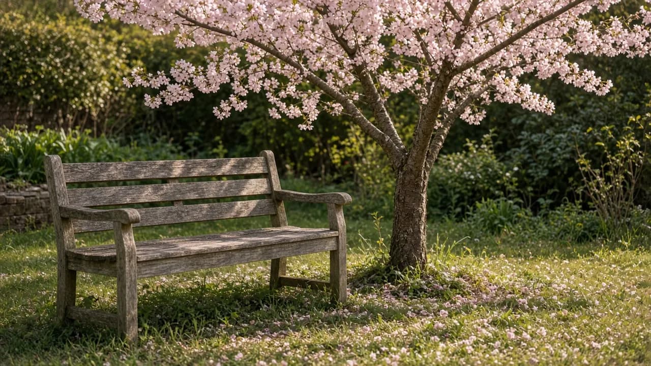 A weathered wooden garden bench beside a young flowering cherry tree in late spring