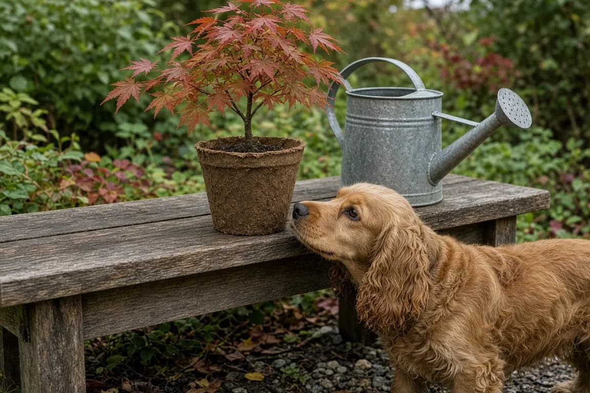 A young maple sapling in a biodegradable pot on a garden bench beside a watering can, with a spaniel sniffing nearby