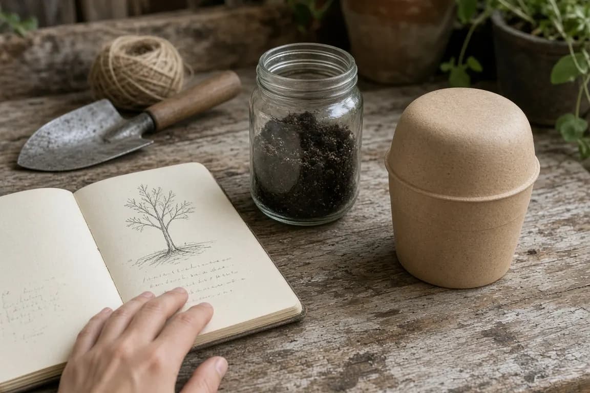 A notebook with a pencil sketch of a tree beside a jar of dark soil and a plain paper urn on a potting table