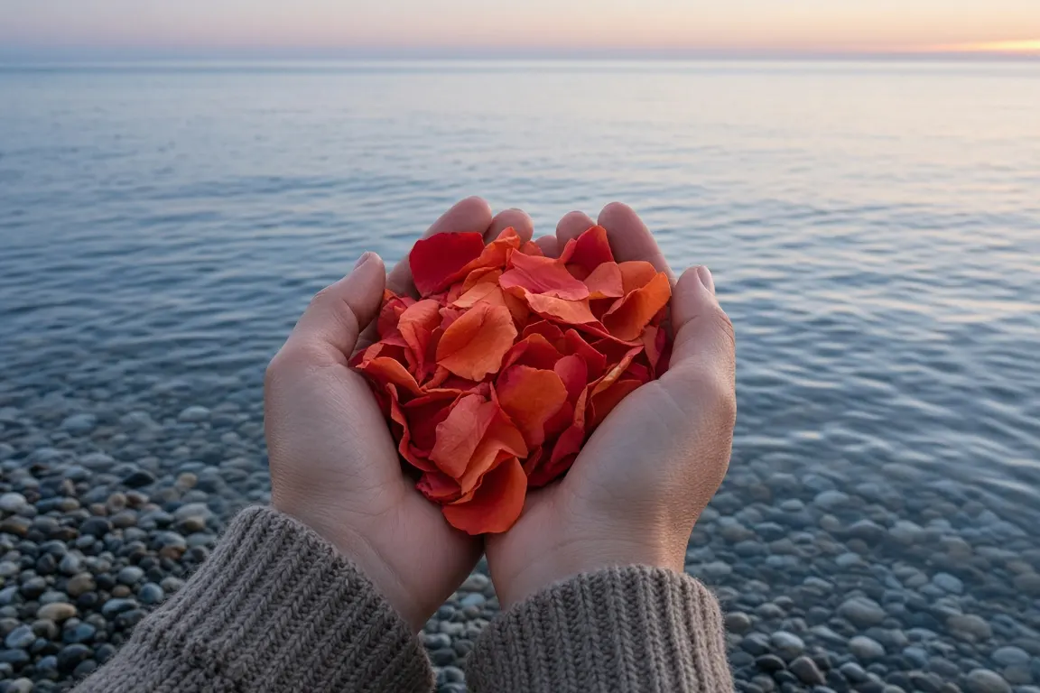 A person's hands holding loose red and orange rose petals above calm grey-blue sea water at dawn, standing ankle-deep near a pebble shore