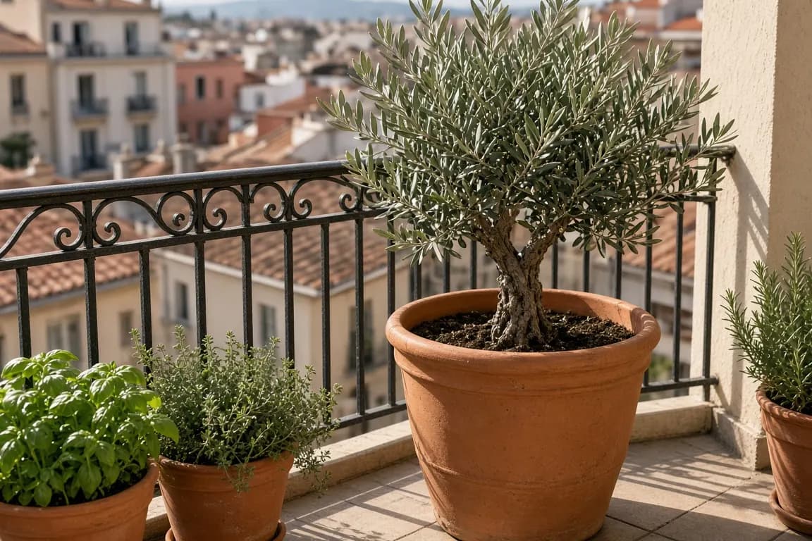 A dwarf olive tree growing in a large terracotta pot on a sunny apartment balcony