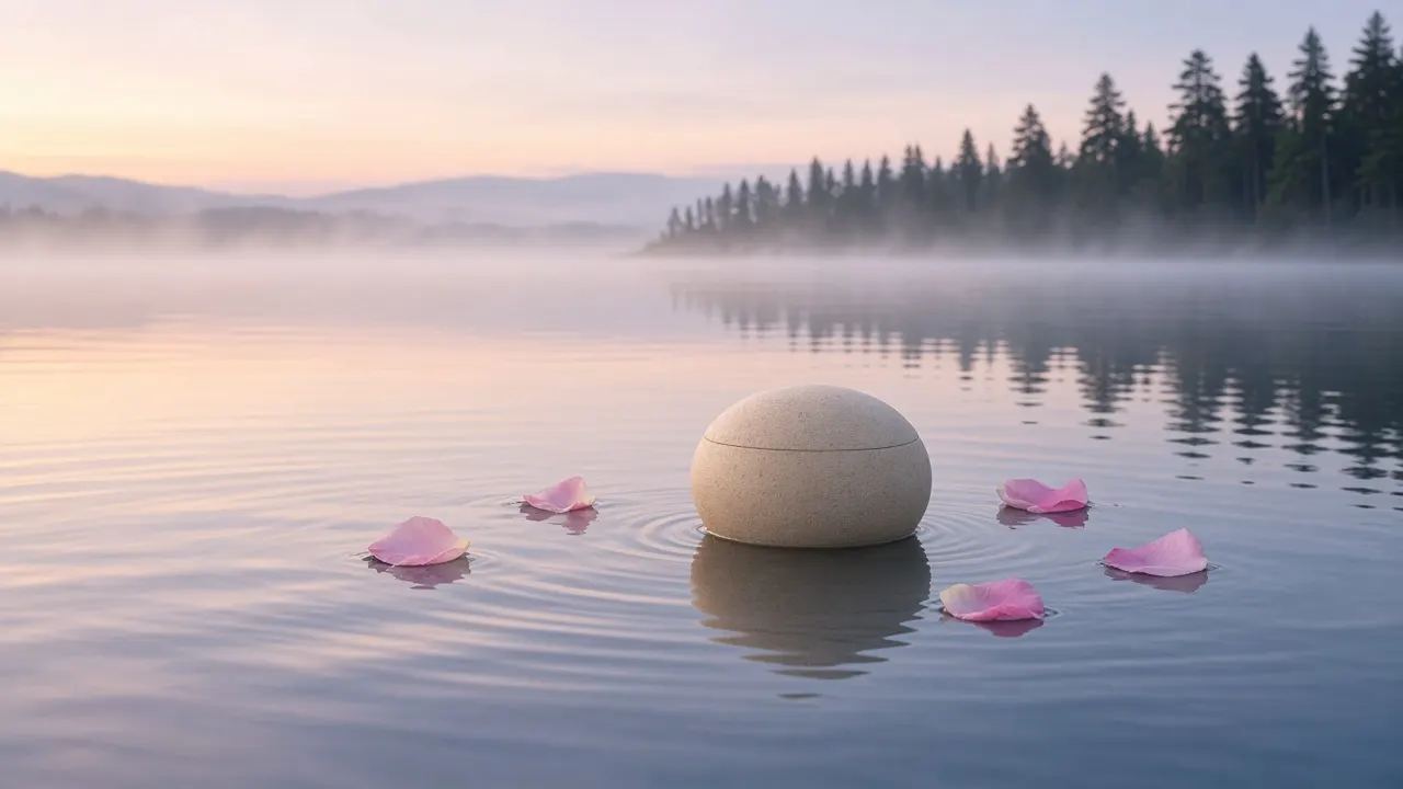 A pale sand-coloured water-soluble urn floating on a calm lake at dawn, with a few rose petals nearby