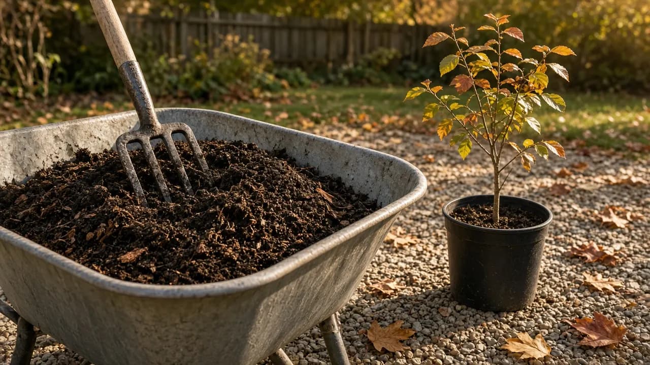 A wheelbarrow of dark compost and pine bark being turned with a garden fork beside a young potted tree