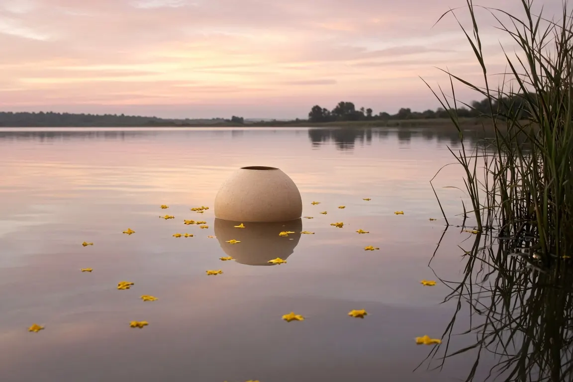 A pale sand-colored water urn floating on a still lake beside scattered yellow petals, with reeds and early evening light behind