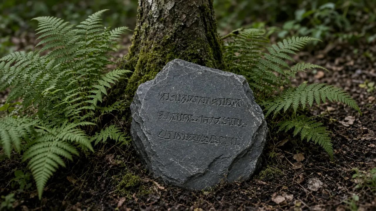 A dark grey engraved slate marker with a short three-line inscription set among ferns at the foot of a young tree