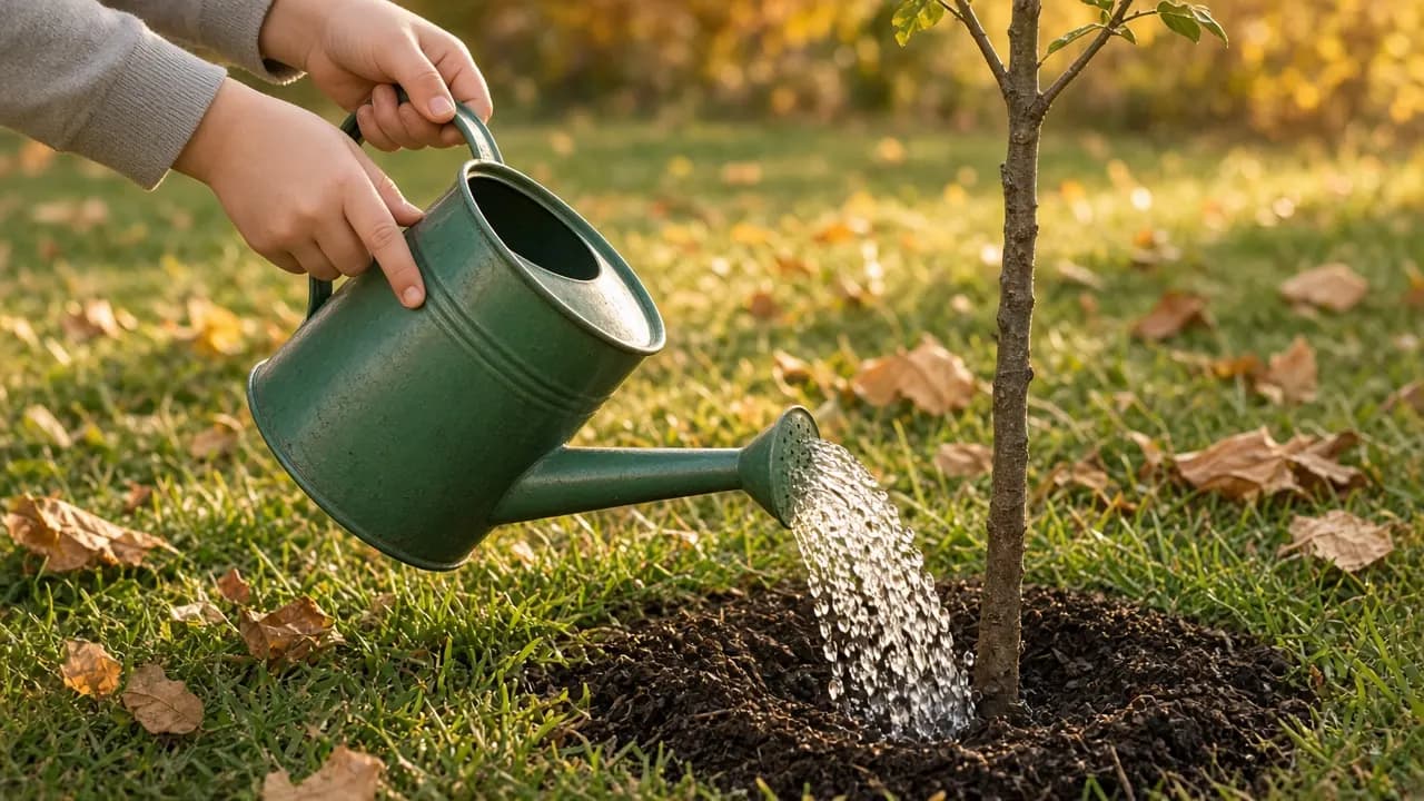 A child's hands holding a watering can over a newly planted young tree on a sunny autumn afternoon