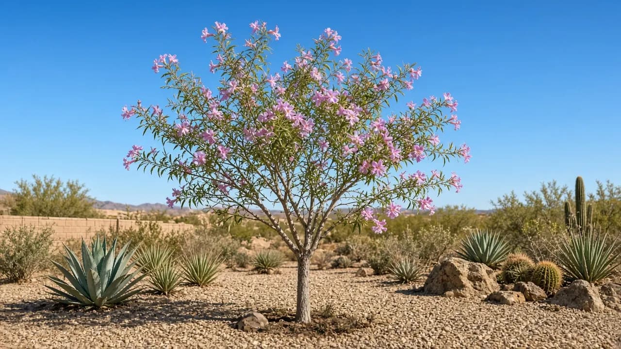 A young desert willow tree with pink trumpet flowers in a gravel garden under a bright blue sky