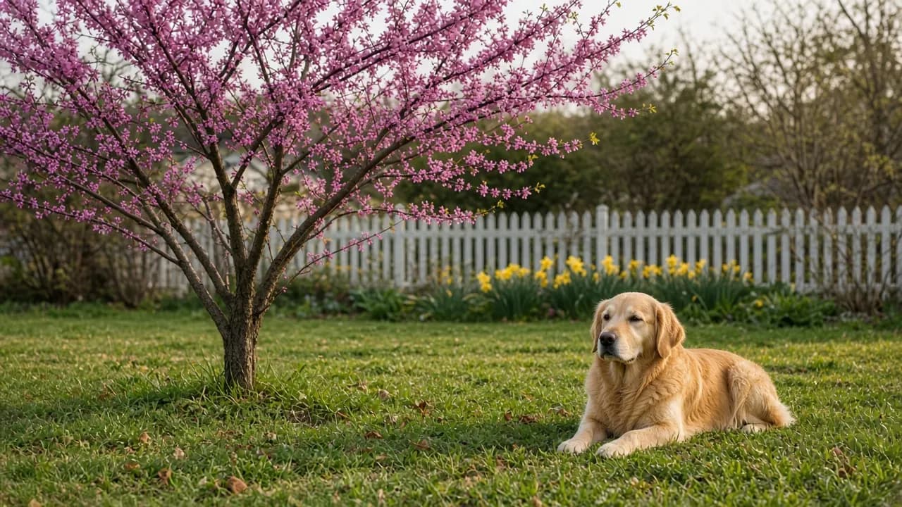 A young eastern redbud in full pink bloom at the edge of a lawn, with a golden retriever lying in the grass nearby