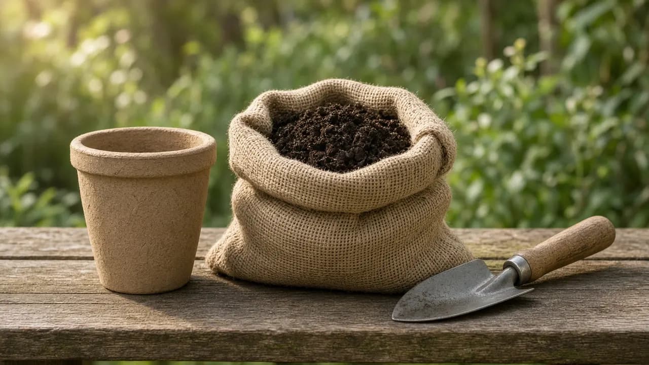 A tan biodegradable planting urn beside a bag of compost and a small trowel on a garden bench